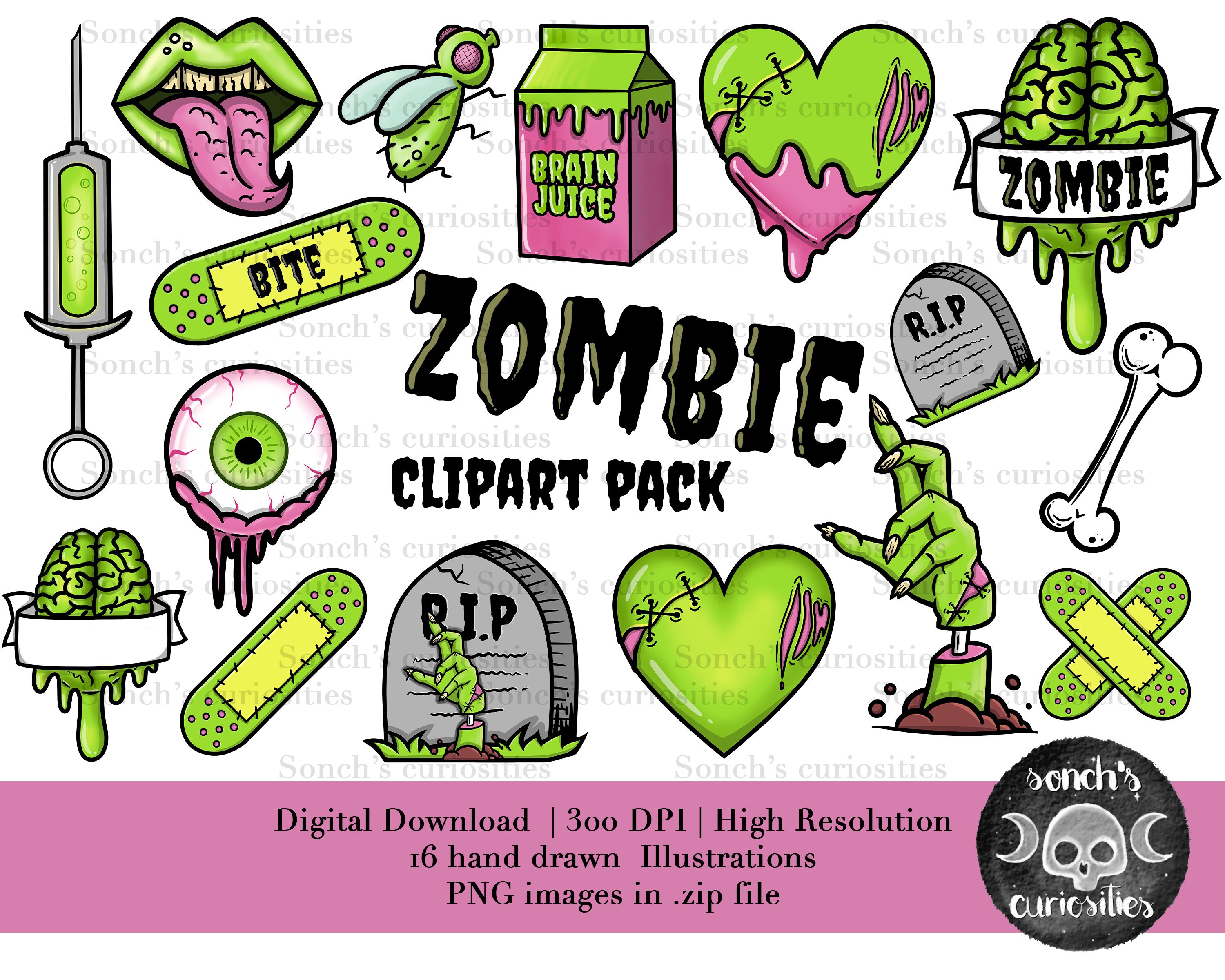 Zombie Clipart set , printable digital download, PNG for digital jour…