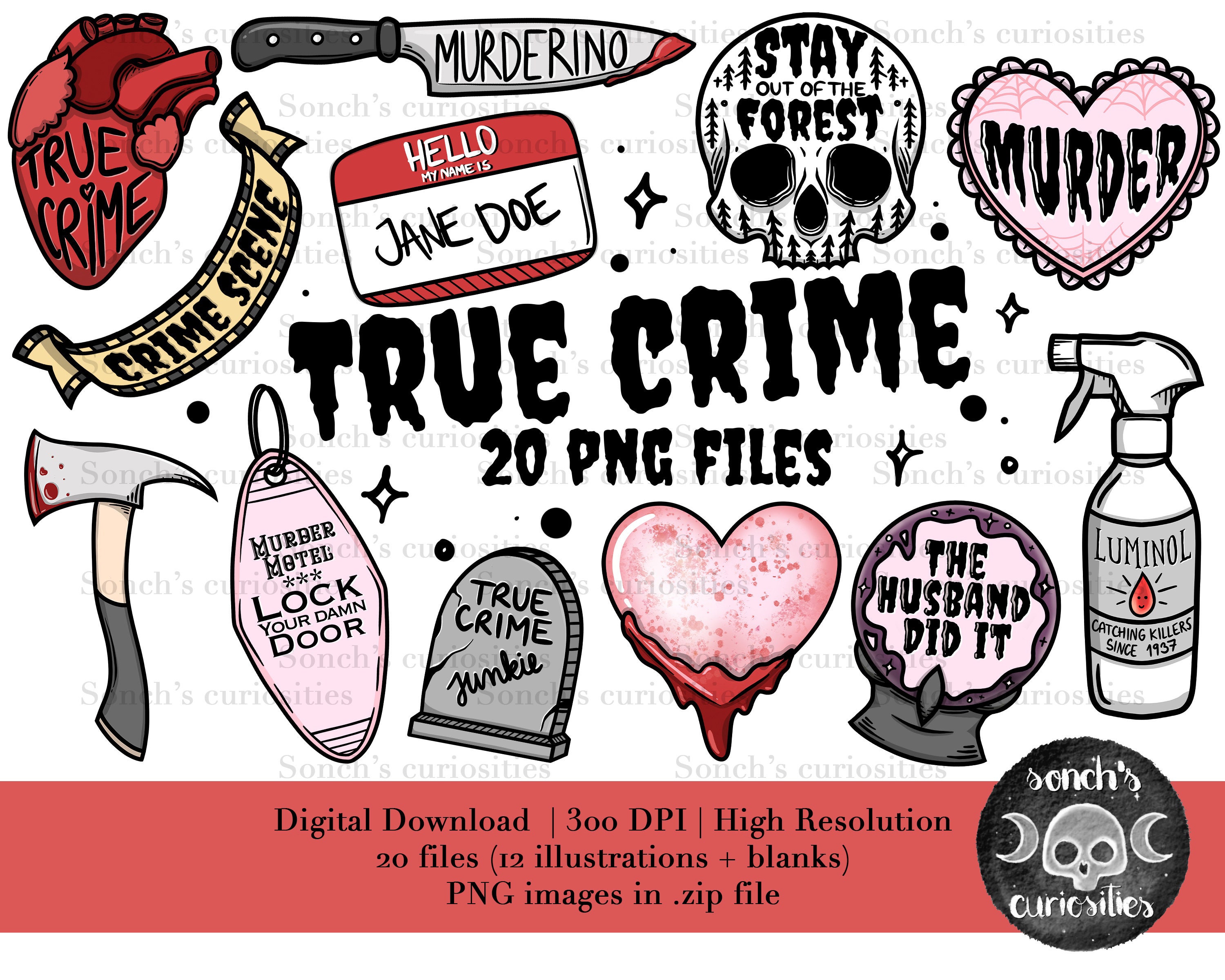 TRUE CRIME クリップアート セット、印刷可能なデジタル ダウンロード、クリエイティブ向け PNG リソース - Etsy 日本, image size:3000x2400
