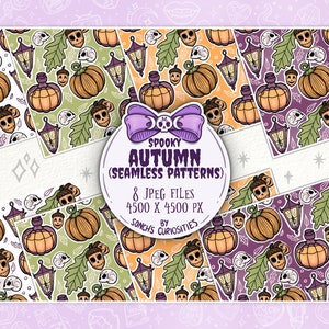 May include: Eight digital seamless patterns featuring a spooky autumn theme. The patterns include pumpkins, lanterns, acorns, skulls, and leaves in shades of orange, green, purple, and white.