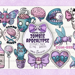 Apocalipsis zombie - paquete de imágenes prediseñadas de color pastel goth, descarga digital imprimible, PNG para diario digital, pegatinas