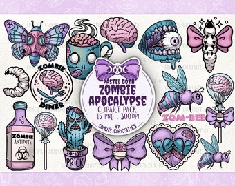 May include: A set of 15 pastel goth zombie themed clipart illustrations. The illustrations include a brain, a zombie, a bee, a heart, a bottle, a plant, a butterfly, a brain in a cup, a brain on a lollipop, a brain in a balloon, a mouth with an eye, and a worm. The illustrations are in a pastel color palette with pink, blue, green, and purple colors. The text "Pastel Goth Zombie Apocalypse Clipart Pack 15 PNG. 300DPI by Sonch's Curiosities" is included in the image.