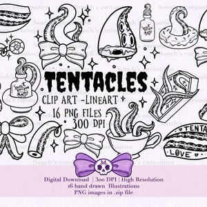 May include: A set of 16 black and white line art illustrations featuring tentacles, bows, and other whimsical designs. The illustrations are perfect for crafting, scrapbooking, or digital design projects. The text "TENTACLES CLIP ART - LINEART" is included in the image.
