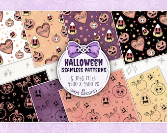 May include: Eight Halloween themed seamless patterns featuring pumpkins, candy corn, bats, and hearts. The patterns are in various colors, including orange, black, purple, and pink. The text "HALLOWEEN (SEAMLESS PATTERNS)" is displayed in the center of the image. The text "8 JPEG FILES 4500 X 4500 PX BY SONCH'S CURIOSITIES" is displayed below the title.