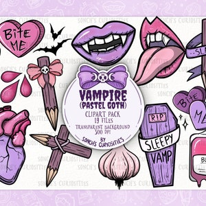 May include: A set of 19 pastel goth vampire clipart illustrations. The illustrations include a heart with the text "Bite Me", a coffin with the text "Sleepy Vamp", a garlic clove, a cross, a pencil with the text "Slayer", a blood bag, a candle, a heart, a mouth with fangs, a tongue, and a bow with a skull. The illustrations are on a transparent background.