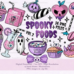 Spooky food volume 2, afdrukbare digitale download, PNG voor digitale journaling, stickers, Creepy en schattige clipart