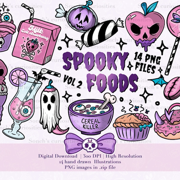 Spooky food volume 2, descarga digital imprimible, PNG para diario digital, pegatinas, clipart espeluznante y lindo