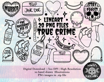 TRUE CRIME lineart Clipart set , printable digital download, PNG resource for creatives