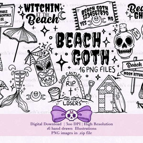 Beach / summer goth lineart pack, cannabis & horror elements, 23 High resolution 300 DPI PNG files, digital planner art Inactive