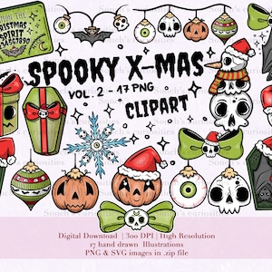 Spooky but cute Christmas clipart VOL 2, hand drawn elements, 17 High resolution  300 DPI PNG files, digital planner art