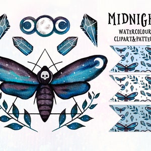 Midnight - Aquarell Clipart und Muster Paket, nahtloses digitales Papier mit Horror / Halloween und himmlischen png-Elementen