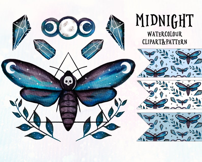 Download Seamless Digital Paper With Horror Halloween And Celestial Png Elements Midnight Watercolour Clipart And Pattern Bundle Clip Art Art Collectibles