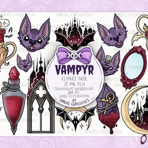 May include: A digital clipart pack of 17 vampire-themed illustrations. The illustrations are in a cartoon style and feature a variety of objects, including a castle, a bat, a potion bottle, a mirror, a crystal, and a dagger. The illustrations are on a transparent background and are perfect for use in digital projects.