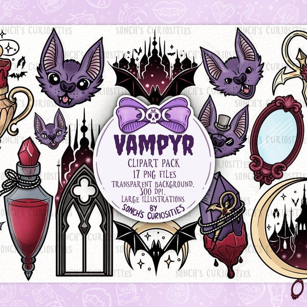 Vampyr - Vampire classique Clipart ensemble, téléchargement numérique imprimable, PNG pour la journalisation numérique, autocollants, estampes et plus