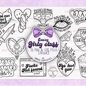 Freche & Girly Stuff lineart, druckbare digitaler Download, PNG für Gravur, Formenbau, Aufkleber, Empowering niedliche Prysho Kunst