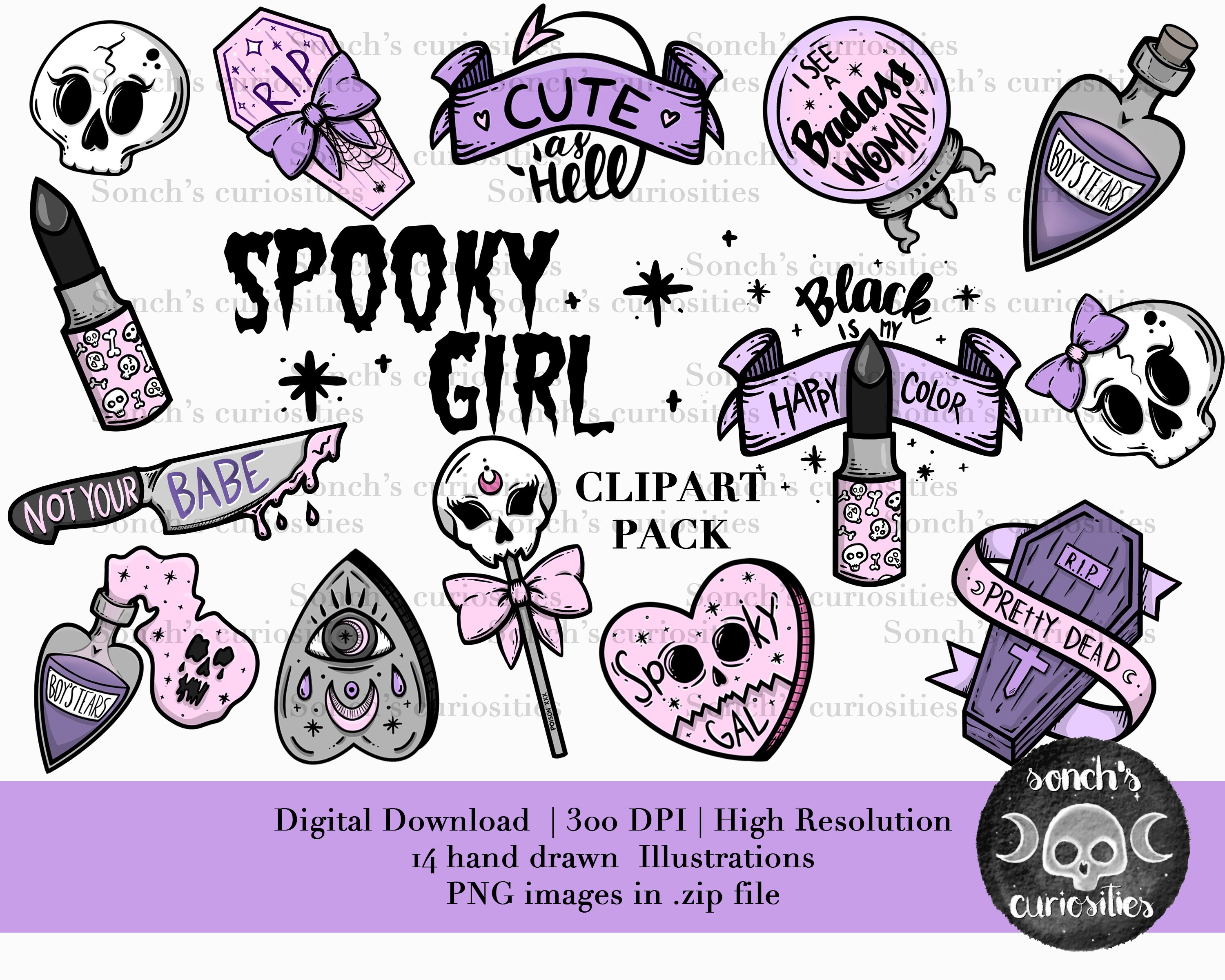Spooky Girl Clipart set , printable digital download, PNG for digital…