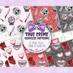 True Crime Digital Paper / seamless pattern, goth elements, spooky and cute , fabric print jpg files