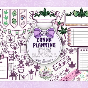 Cannabis  planning - digital planner clipart, icons with sticky notes, pastel goth style, stoner