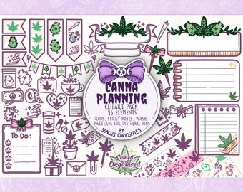 Cannabis  planning - digital planner clipart, icons with sticky notes, pastel goth style, stoner