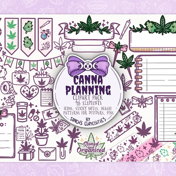 Cannabis  planning - digital planner clipart, icons with sticky notes, pastel goth style, stoner