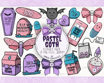 May include: A set of 17 pastel goth clipart images, including a tombstone with the text "R.I.P Mental Health", a butterfly with a skull, a milk carton with the text "Boys Tears", a tea bag with the text "Anti Anxiety", and a bottle with the text "Clarity".