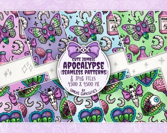 Cute Zombie Apocalypse Digital Paper / seamless pattern, Pastel goth elements, spooky and cute jpg files