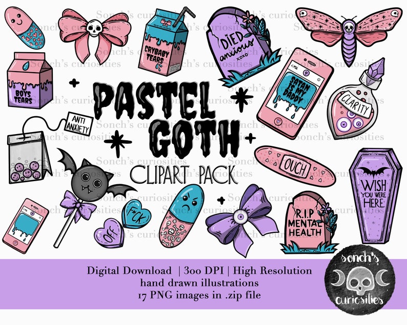 creepy spooky cute kawaii png files digital download for planners Pastel goth clipart prints etc. stickers journals
