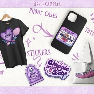 May include: A collection of stickers, tote bags, and t-shirts featuring spooky and quirky designs. The designs include a heart with the word "Spoonie", a tombstone with the text "Died Mentally Exhausted", a purple and pink sticker with the text "Chronic Spooky Babe", and a tote bag with a red chili pepper and the text "Neurospicy".