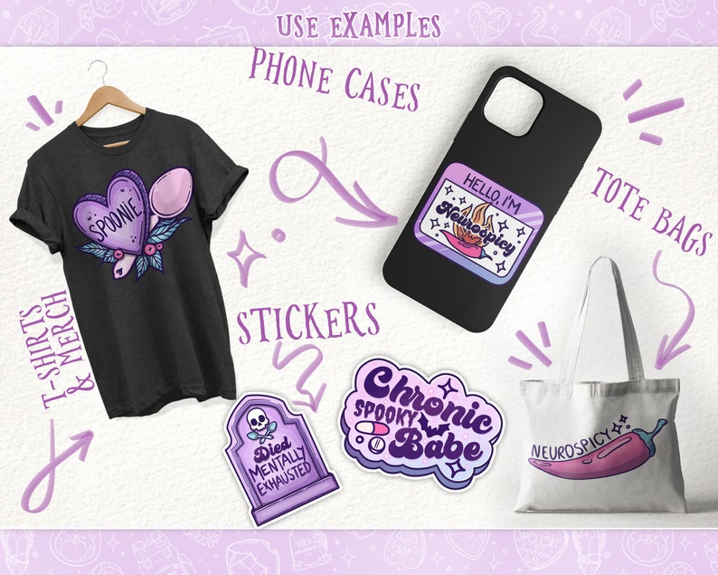 May include: A collection of stickers, tote bags, and t-shirts featuring spooky and quirky designs. The designs include a heart with the word "Spoonie", a tombstone with the text "Died Mentally Exhausted", a purple and pink sticker with the text "Chronic Spooky Babe", and a tote bag with a red chili pepper and the text "Neurospicy".