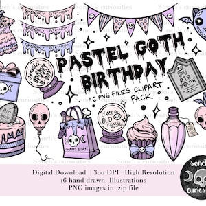 Pastel Goth Birthday / spooky & schattig / horror elementen, 300 DPI PNG-bestanden, digitale planner kunst