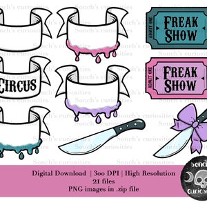 May include: A set of 21 digital illustrations featuring a circus theme. The illustrations include banners, tickets, a knife with a bow, and dripping paint. The tickets read "Freak Show" and "Admit One". The banners are blank and can be customized with text. The illustrations are in black, white, pink, purple, blue, and teal.