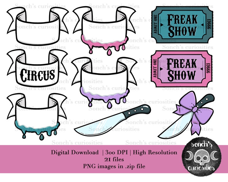 May include: A set of 21 digital illustrations featuring a circus theme. The illustrations include banners, tickets, a knife with a bow, and dripping paint. The tickets read "Freak Show" and "Admit One". The banners are blank and can be customized with text. The illustrations are in black, white, pink, purple, blue, and teal.