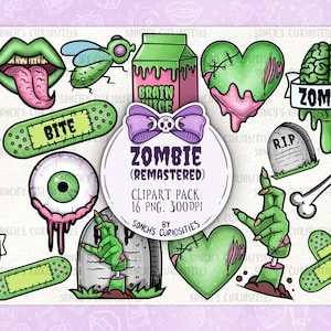 Zombie Clipart set (nieuwe en oude colourway - 2x16png bestanden), afdrukbare digitale download, PNG voor digitale journaling, stickers