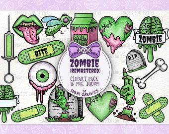 Zombie Clipart set (new and old colourway - 2x16png files) , printable digital download, PNG for digital journaling, stickers