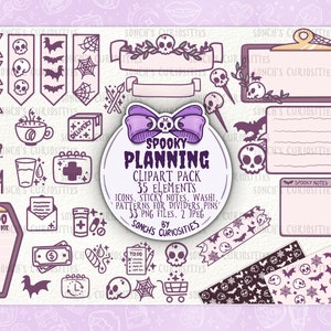 Könnte beinhalten: Ein Set mit 35 gruseligen Planungsclipart-Elementen in Lila und Schwarz. Der Clipart enthält Symbole, Haftnotizen, Washi-Tape-Muster, Trennlinien und Pins. Der Clipart ist perfekt für Planer, Journale und andere kreative Projekte.