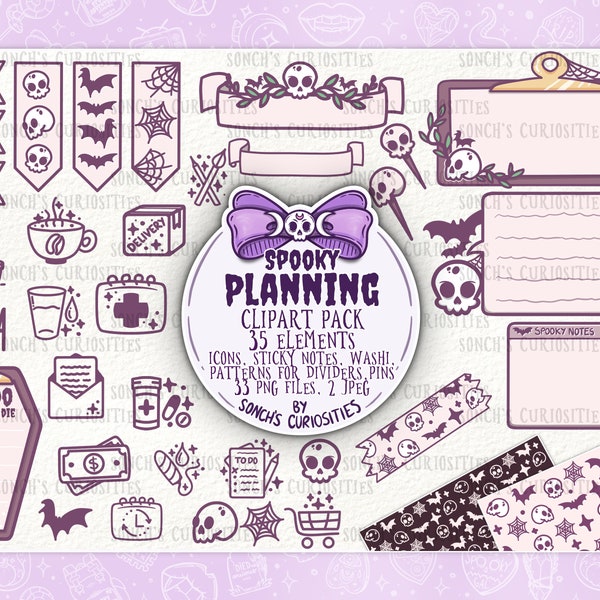 Spooky planning - digital planner clipart, icons with sticky notes, pastel goth style
