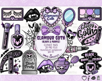 May include: A set of 20 digital clipart images in black and purple featuring gothic and glamour themes. The images include a skull, a bat, a heart, a lipstick, a nail polish bottle, a mirror, a tombstone, a perfume bottle, and more. The text "Glamour Goth (Black & Purple)" is included in the image.