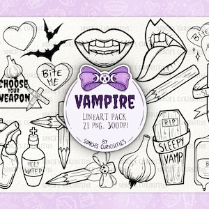 Vampire Clipart LINEART set , printable digital download, PNG for digital journaling, stickers