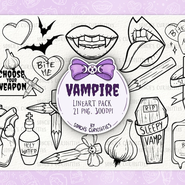 Vampire Clipart LINEART set , printable digital download, PNG for digital journaling, stickers