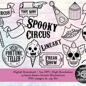 Spooky & mignon CIRCUS Clipart LINEART set, téléchargement numérique imprimable, PNG pour la journalisation numérique, autocollants