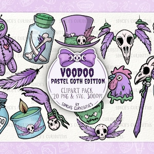 Peut inclure: Un ensemble de 20 images clipart numériques dans un style gothique pastel. Les images comprennent un poupon vaudou, une bouteille de magie vaudou, une bougie, une main, un chapeau, un crâne, un poulet, un bâton, une plume et une bouteille avec des os. Les images sont parfaites pour créer des designs fantastiques et fantasmagoriques.