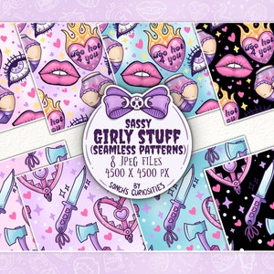 Sassy & Girly Stuff Digital Paper / motif sans couture, éléments goth pastel, féminisme effronté, imprimé tissu, fille effrontée, goth pastel