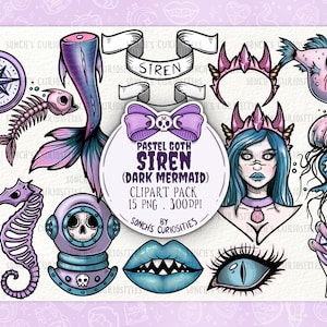 Sirene - Dark Meerjungfrau Clipart Pack Pastell Goth-Palette Version, druckbare digitaler Download, PNG für digitales Journaling, Aufkleber