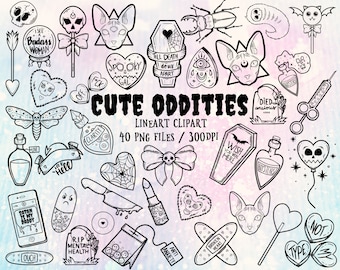 Cute oddities - spooky lineart clipart bundle , soft goth png elements, halloween clip art