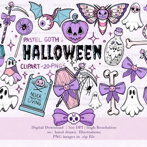Halloween (Pastel Goth)) clipart, hand drawn pumpkin / horror / ghost elements, 20+ High resolution  300 DPI PNG files, digital planner art