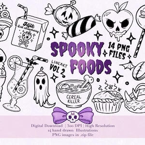 Spooky foods 2 lineart Png and SVG / horror / ghost elements, 14High resolution 300 DPI PNG files, digital planner art