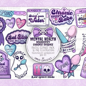 Puede incluir: Un conjunto de 16 ilustraciones digitales con una paleta de colores pastel y un tema espeluznante y peculiar. Las ilustraciones incluyen una variedad de diseños, como una lápida que dice "Died Mentally Exhausted", un fantasma sosteniendo una cuchara, un corazón con la palabra "Spoonie" en él y un chile rojo con el texto "Neurospicy". Las ilustraciones son perfectas para usar en scrapbooking digital, creación de tarjetas y otros proyectos creativos.