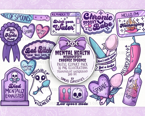 Mental Health - Spoonie , neurospicy  clipart, printable digital download, PNG for engraving, mould making, stickers and more