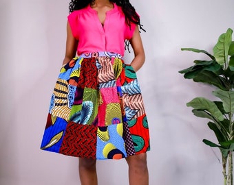 Damen Afrikanischer Druckrock Midirock mit Taschen Sommerrock Bunter Rock 100% Baumwolle.