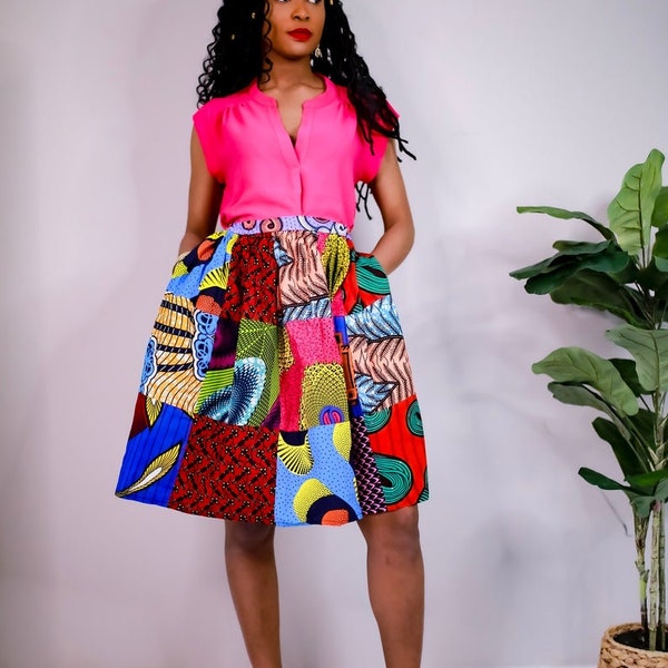 Women's African Print Skirt Midi Skirt with Pockets Summer Skirt Colorful Skirt 100% Cotton.