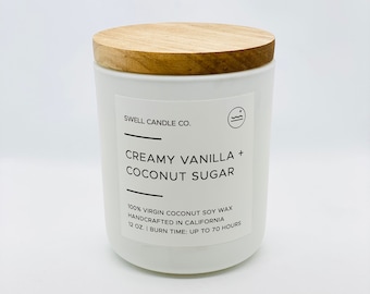 Candela al cocco e soia / Profumo cremoso di vaniglia e zucchero, stoppino in legno